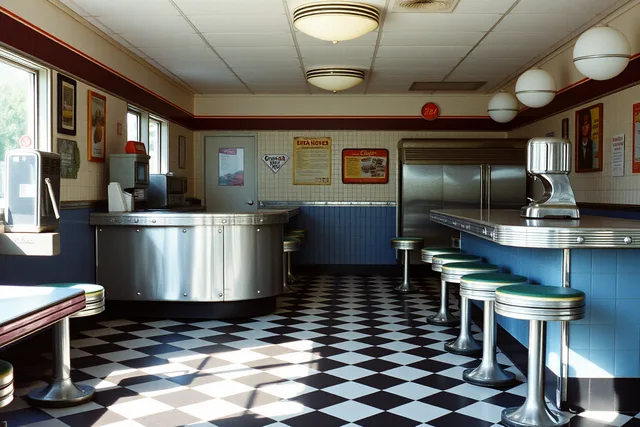 Vintage diner lunch counter with chrome stools, backbar, and neon window sign. How to build a vintage diner interiors case study readers can trust