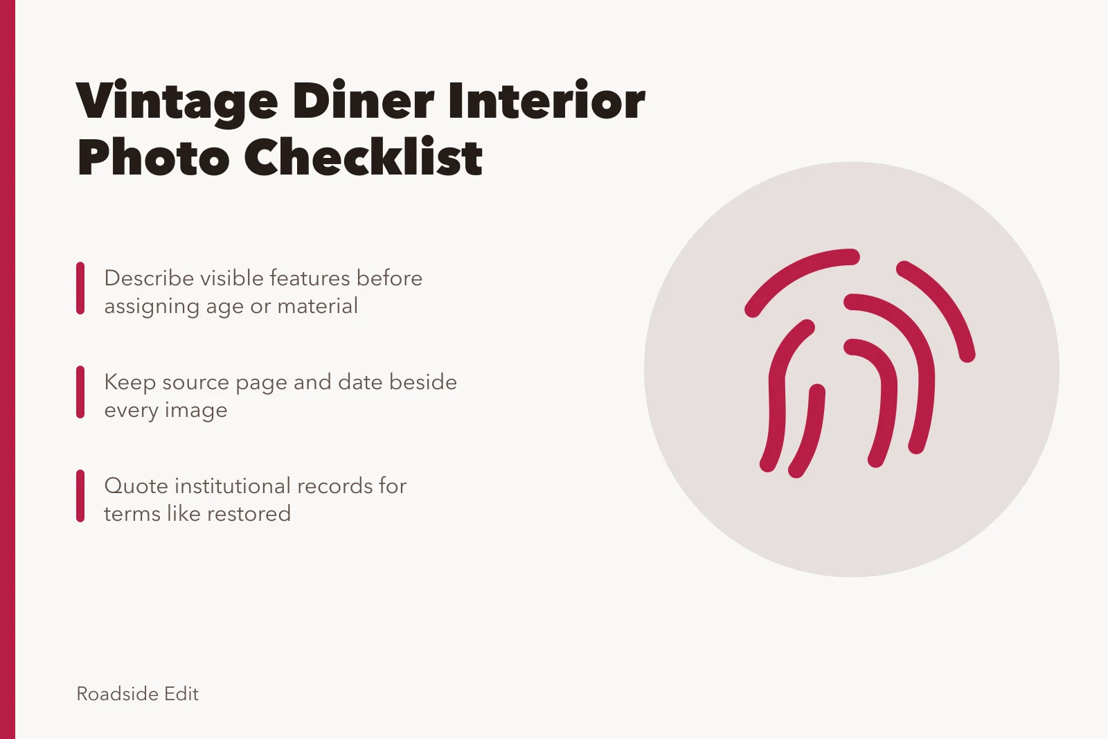 Checklist card for documenting vintage diner interior features and image sources. How to build a vintage diner interiors checklist before you assign photos