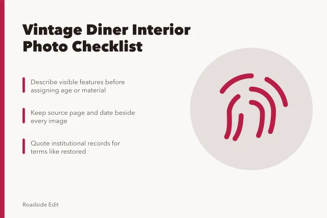 Checklist card for documenting vintage diner interior features and image sources. How to build a vintage diner interiors checklist before you assign photos