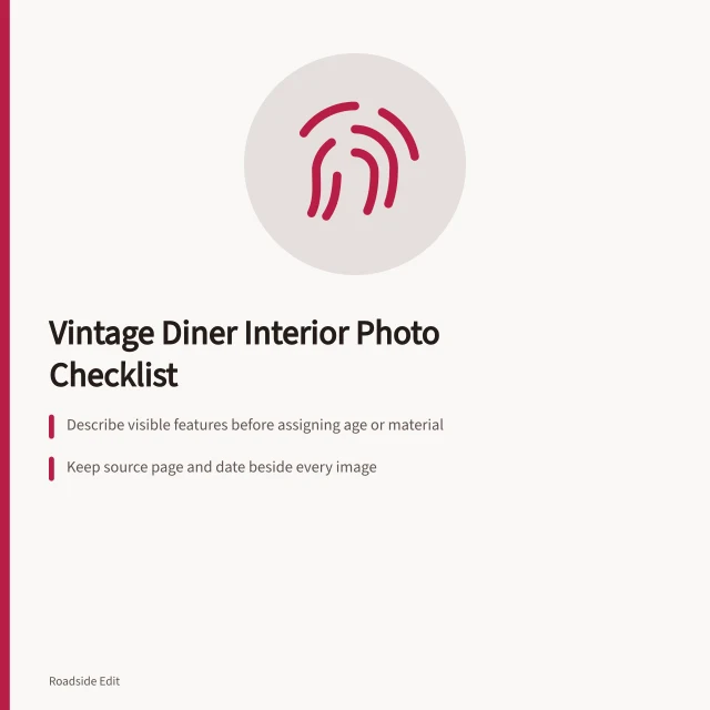 Checklist card for documenting vintage diner interior features and image sources. How to build a vintage diner interiors checklist before you assign photos
