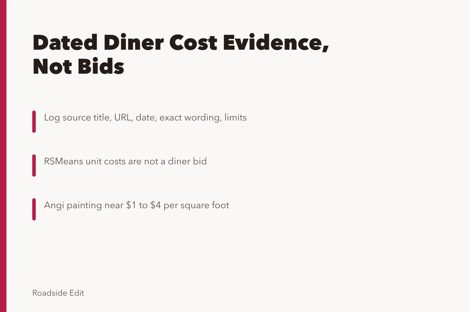 Card summarizing dated diner interior cost evidence and source limits. How to plan vintage diner interior costs without faking an estimate