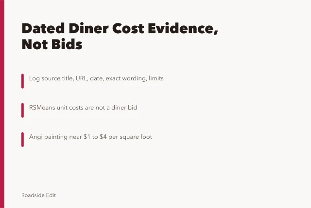 Card summarizing dated diner interior cost evidence and source limits. How to plan vintage diner interior costs without faking an estimate