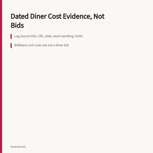 Card summarizing dated diner interior cost evidence and source limits. How to plan vintage diner interior costs without faking an estimate