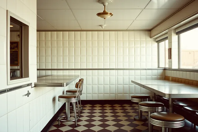 Glossy porcelain-enamel diner wall panels with seams above a stainless counter and stools. Vintage diner interiors options comparison: what to check before you publish