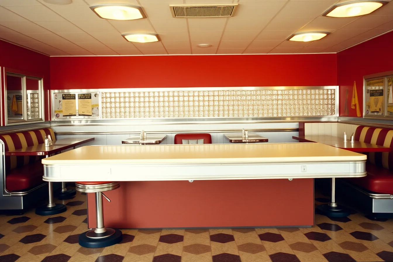 Vintage diner counter with Formica laminate top, chrome stools, and checkered floor. How vintage diner interior options compare on condition and disclosure