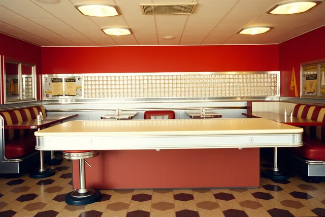 Vintage diner counter with Formica laminate top, chrome stools, and checkered floor. How vintage diner interior options compare on condition and disclosure