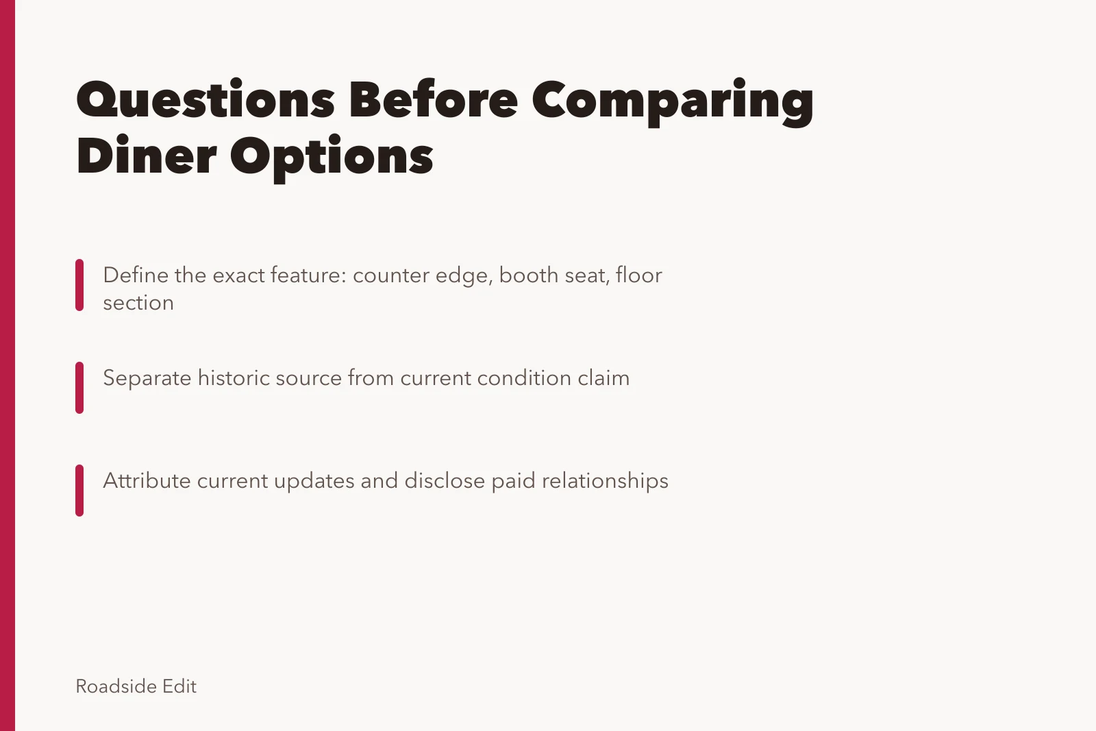Card listing questions editors ask before comparing vintage diner interior options. Vintage diner interiors: questions editors should ask before comparing options