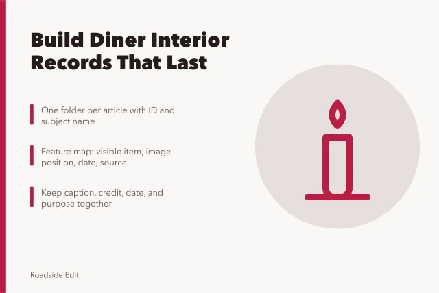 Card on organizing vintage diner interior records, sources, credits, and corrections. How vintage diner owners can build interior records worth keeping