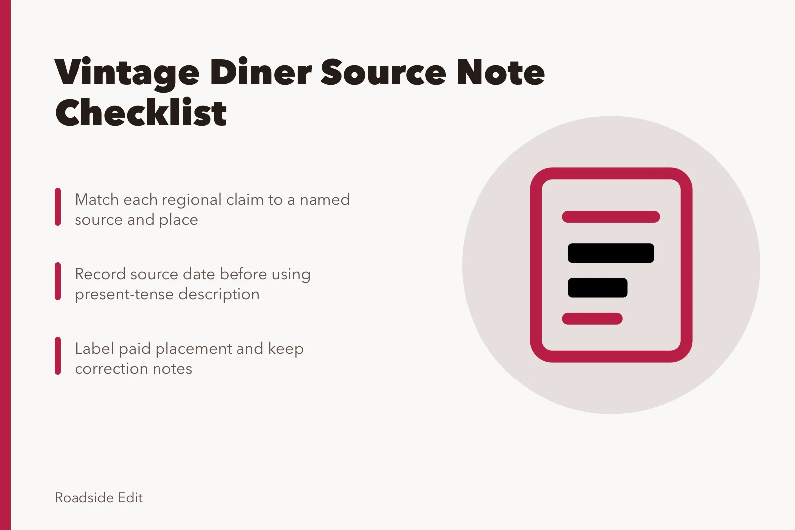 Checklist card for documenting vintage diner regional source notes. How to build a vintage diner interiors regional checklist for source notes