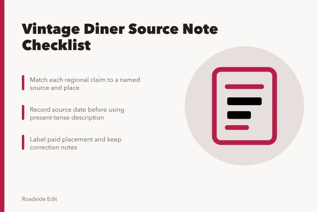 Checklist card for documenting vintage diner regional source notes. How to build a vintage diner interiors regional checklist for source notes