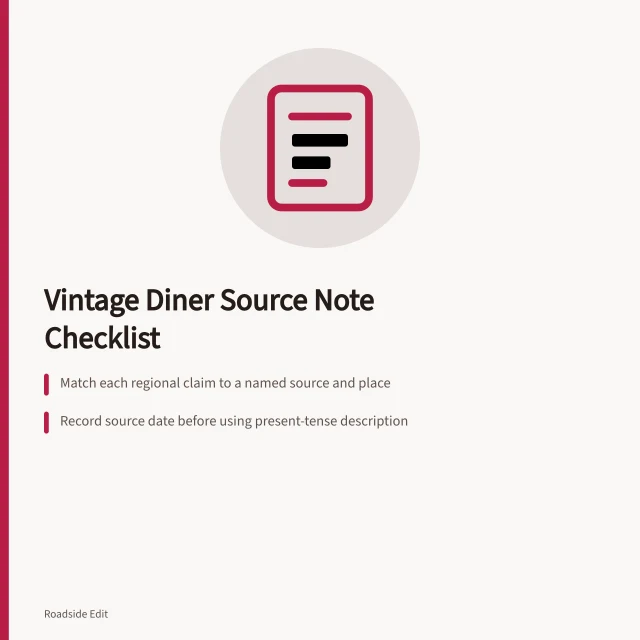 Checklist card for documenting vintage diner regional source notes. How to build a vintage diner interiors regional checklist for source notes