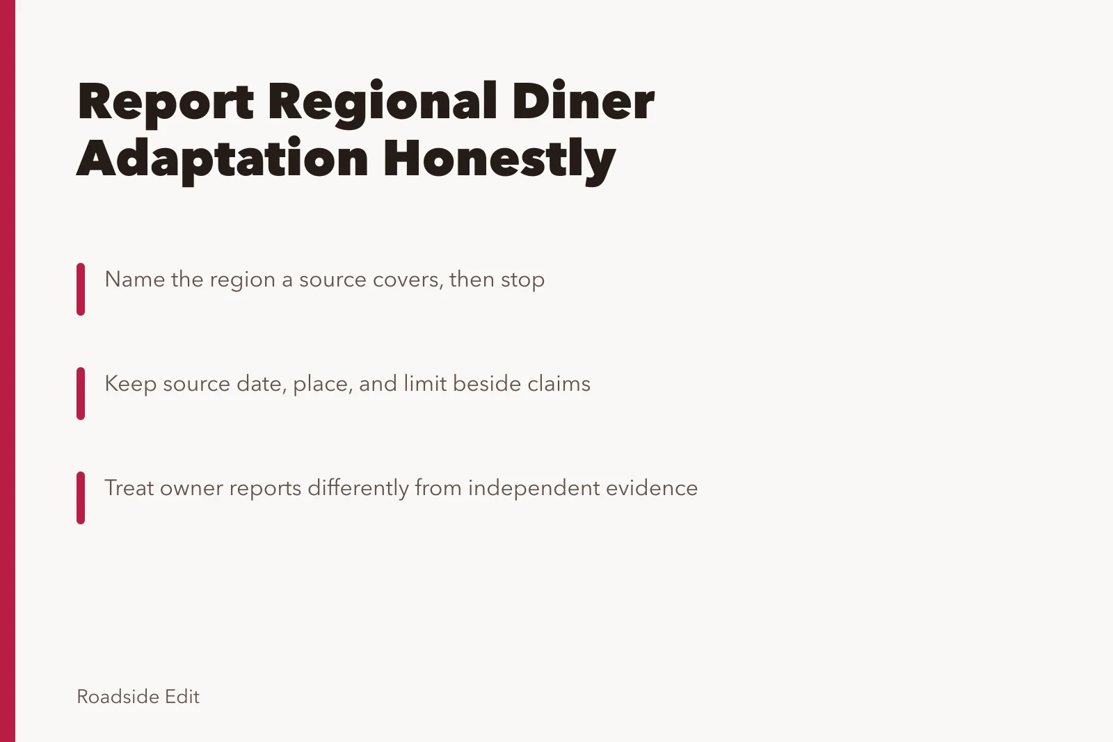 Card on reporting regional diner adaptation with sourced, limited claims. How to report regional adaptation in vintage diner interiors without overpromising