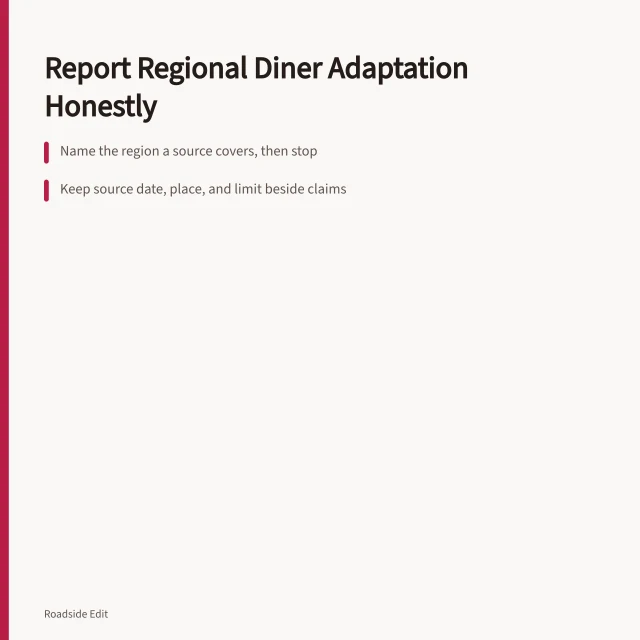Card on reporting regional diner adaptation with sourced, limited claims. How to report regional adaptation in vintage diner interiors without overpromising