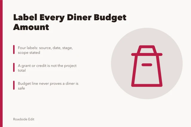 Card on labeling vintage diner budget figures with source, date, stage, scope. How to write vintage diner interior safety budget notes without projected costs