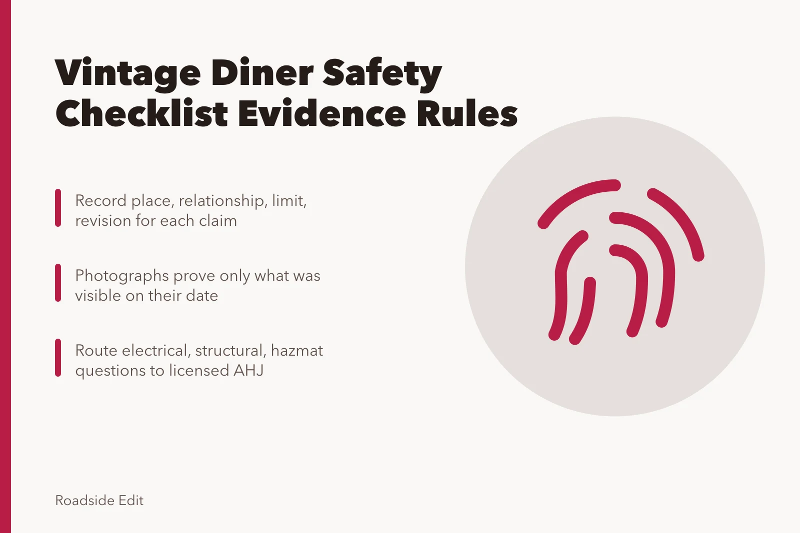 Checklist card on documenting vintage diner interior safety claims. How to build a vintage diner interiors safety checklist without faking an inspection