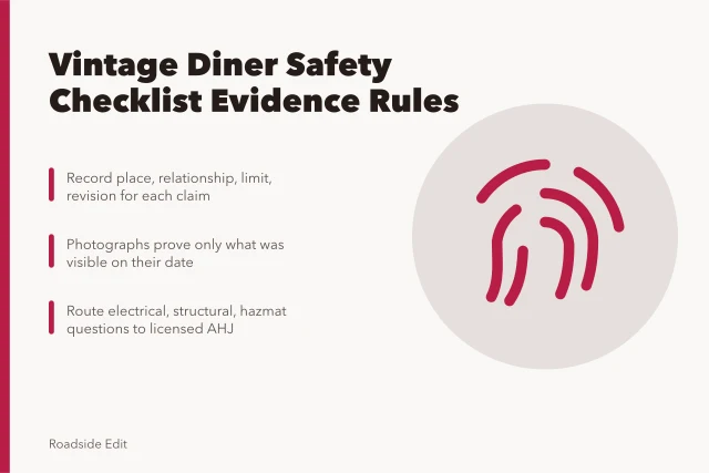 Checklist card on documenting vintage diner interior safety claims. How to build a vintage diner interiors safety checklist without faking an inspection