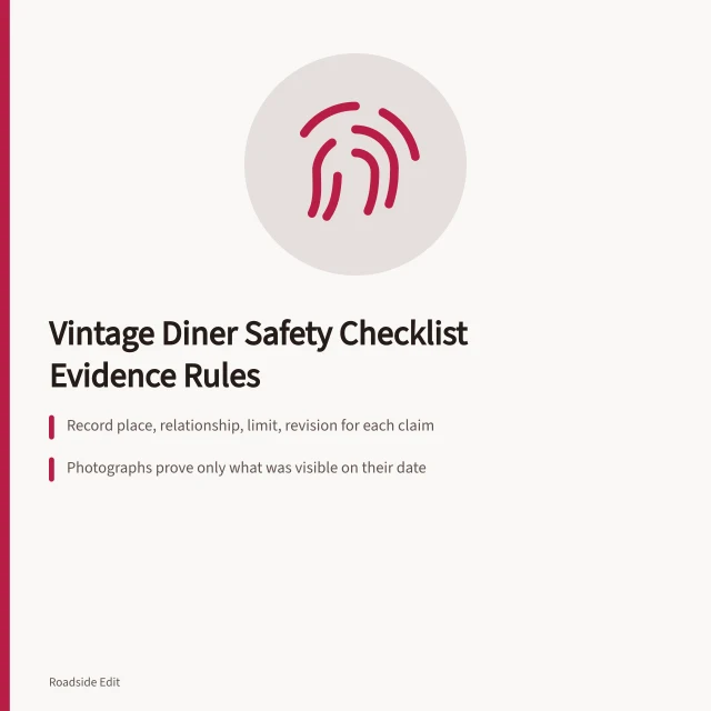 Checklist card on documenting vintage diner interior safety claims. How to build a vintage diner interiors safety checklist without faking an inspection