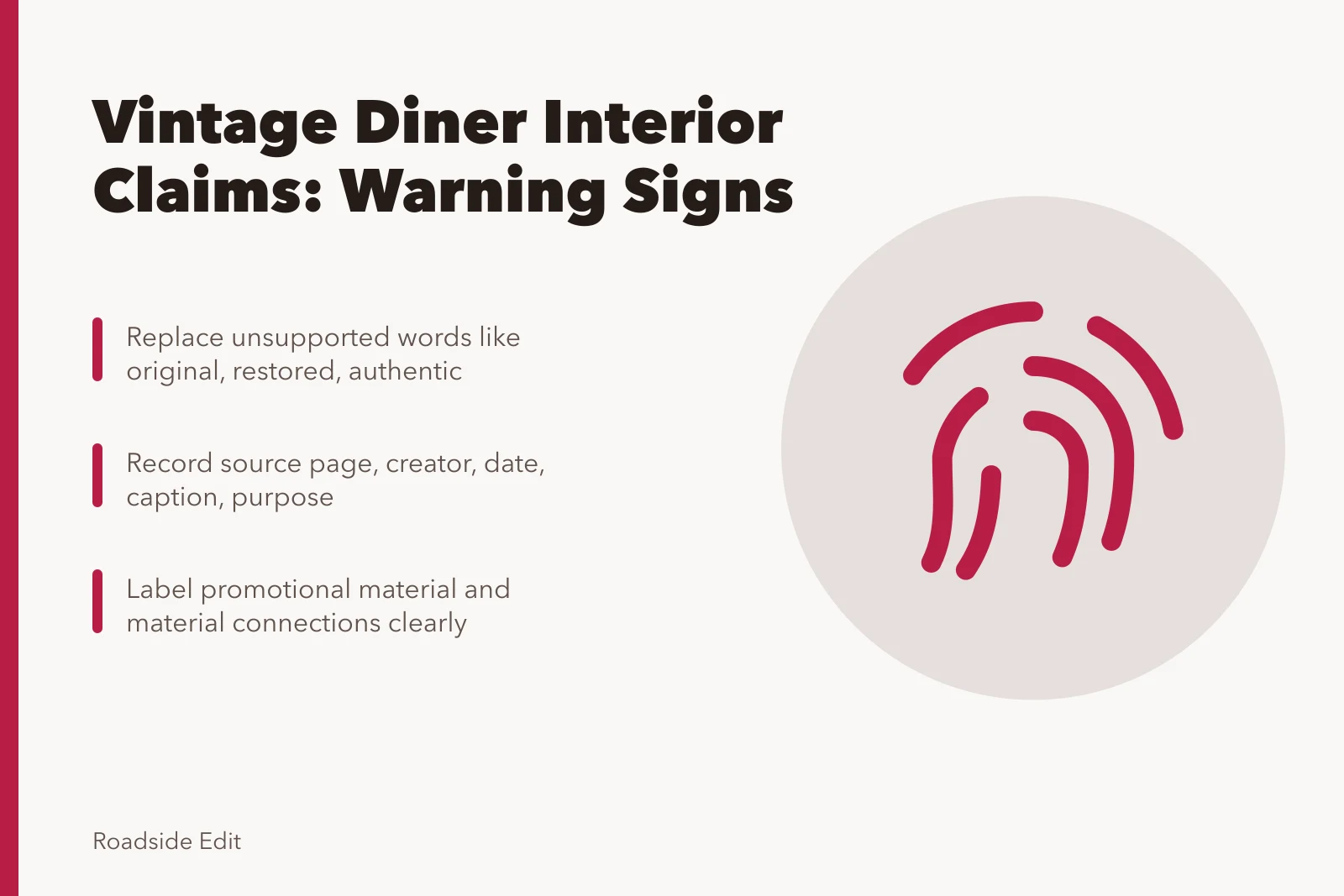 Checklist card for auditing vintage diner interior claims and image sources. Before you run vintage diner interiors copy, check these warning signs