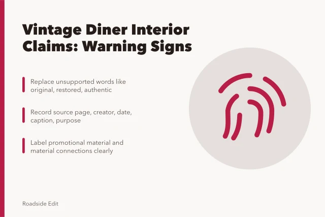 Checklist card for auditing vintage diner interior claims and image sources. Before you run vintage diner interiors copy, check these warning signs