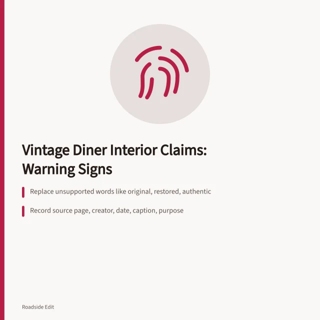 Checklist card for auditing vintage diner interior claims and image sources. Before you run vintage diner interiors copy, check these warning signs