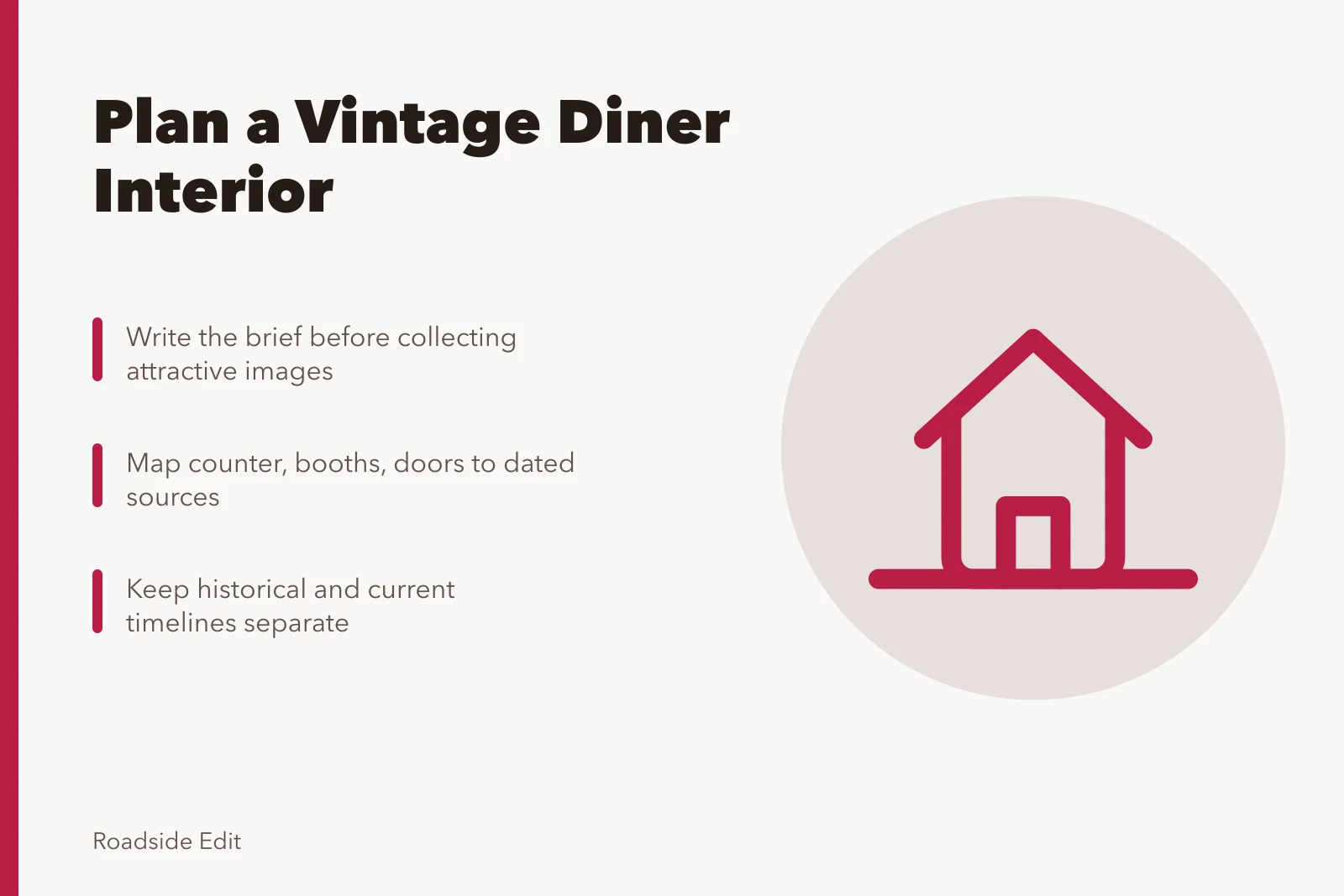 Checklist for planning a vintage diner interior with room map and timelines. How to plan a vintage diner interior: a workflow and scope checklist