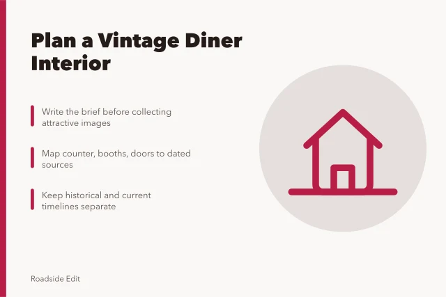 Checklist for planning a vintage diner interior with room map and timelines. How to plan a vintage diner interior: a workflow and scope checklist