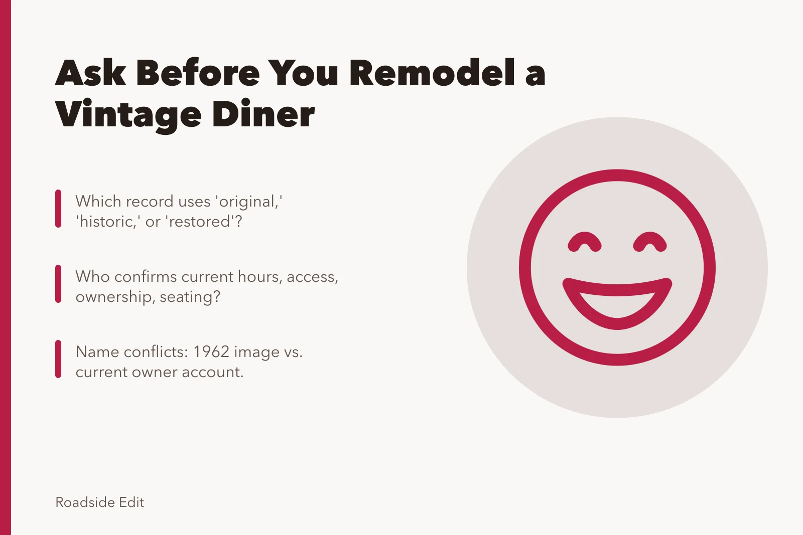 Card listing questions to ask before remodeling a vintage diner interior. Vintage diner interiors: questions to ask before you plan a remodel