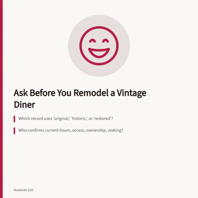 Card listing questions to ask before remodeling a vintage diner interior. Vintage diner interiors: questions to ask before you plan a remodel