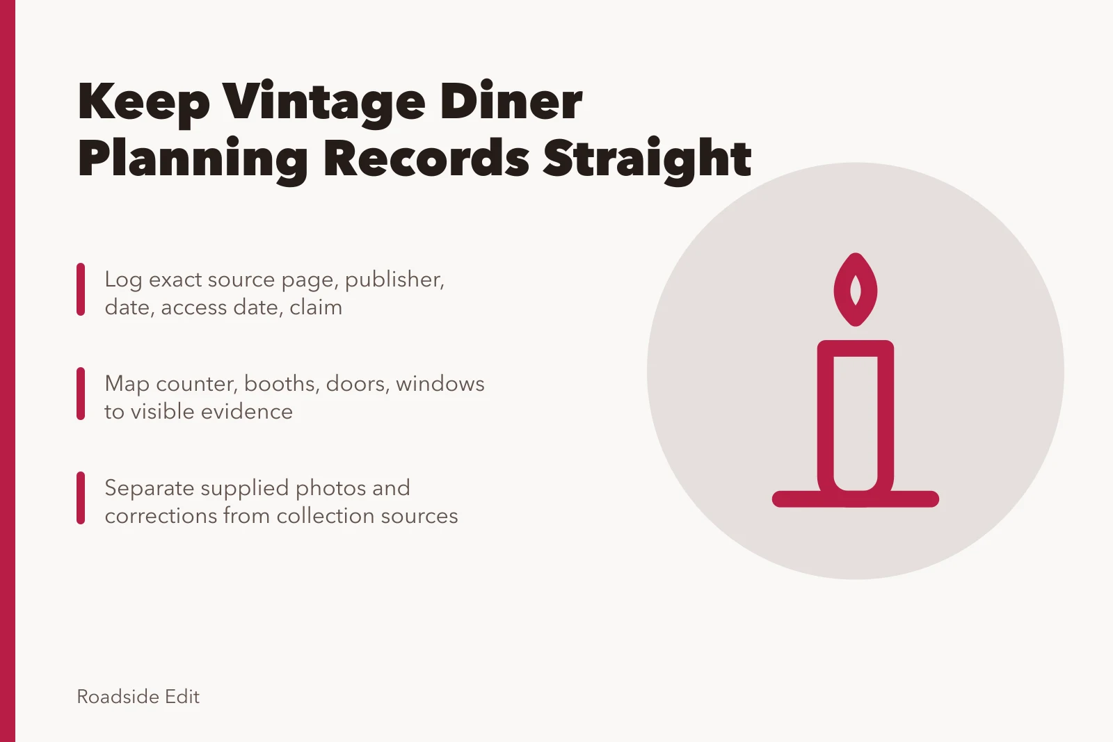Card on organizing vintage diner planning records, sources, and evidence maps. How owners can keep vintage diner interiors planning records straight