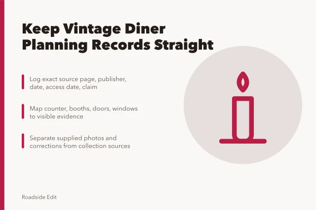 Card on organizing vintage diner planning records, sources, and evidence maps. How owners can keep vintage diner interiors planning records straight
