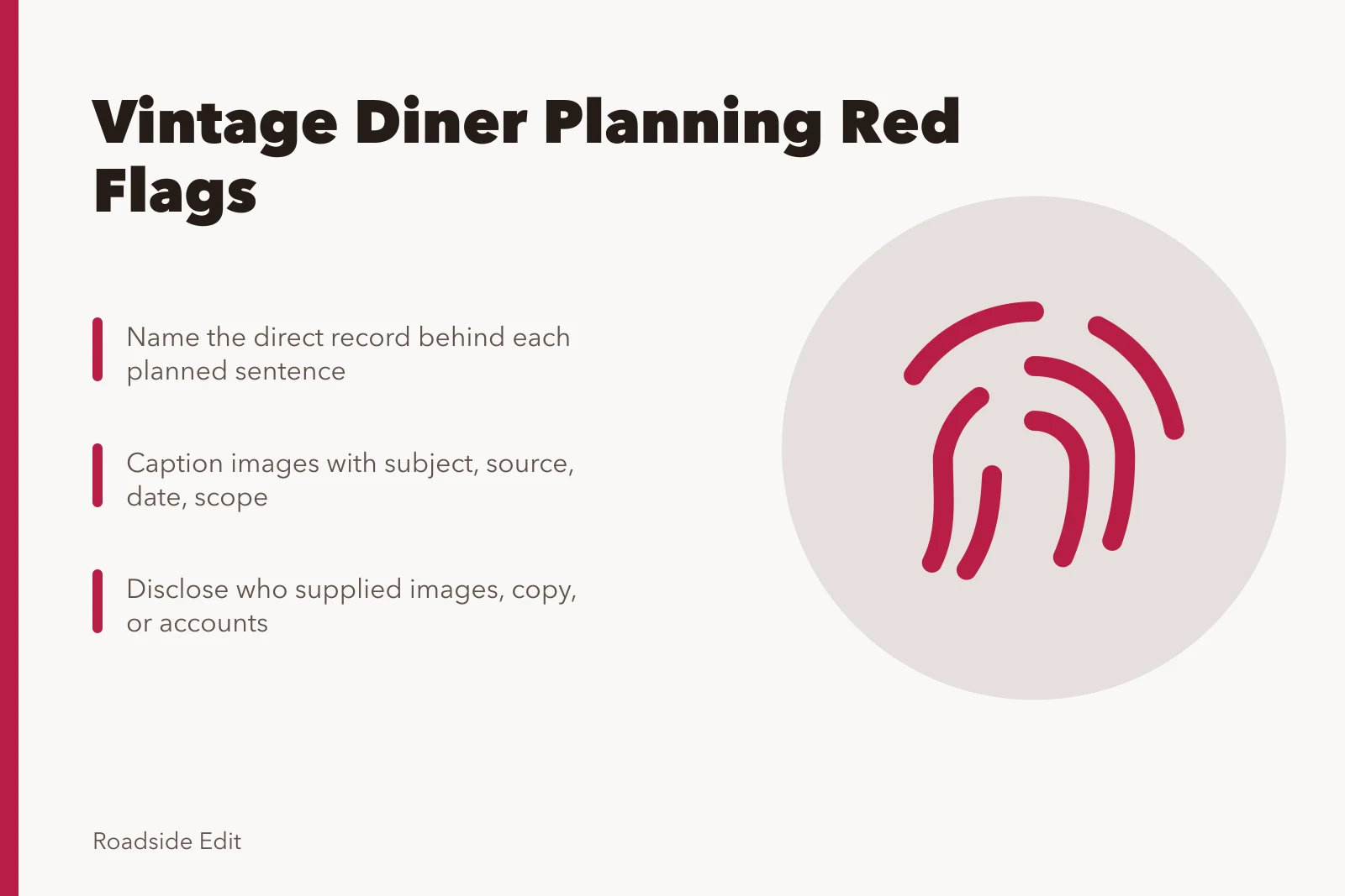 Checklist card on vintage diner planning red flags and source verification. Before you plan vintage diner interiors, spot these red flags early