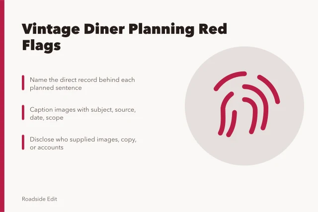 Checklist card on vintage diner planning red flags and source verification. Before you plan vintage diner interiors, spot these red flags early
