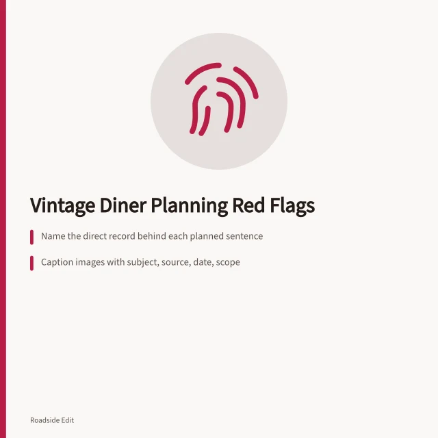 Checklist card on vintage diner planning red flags and source verification. Before you plan vintage diner interiors, spot these red flags early