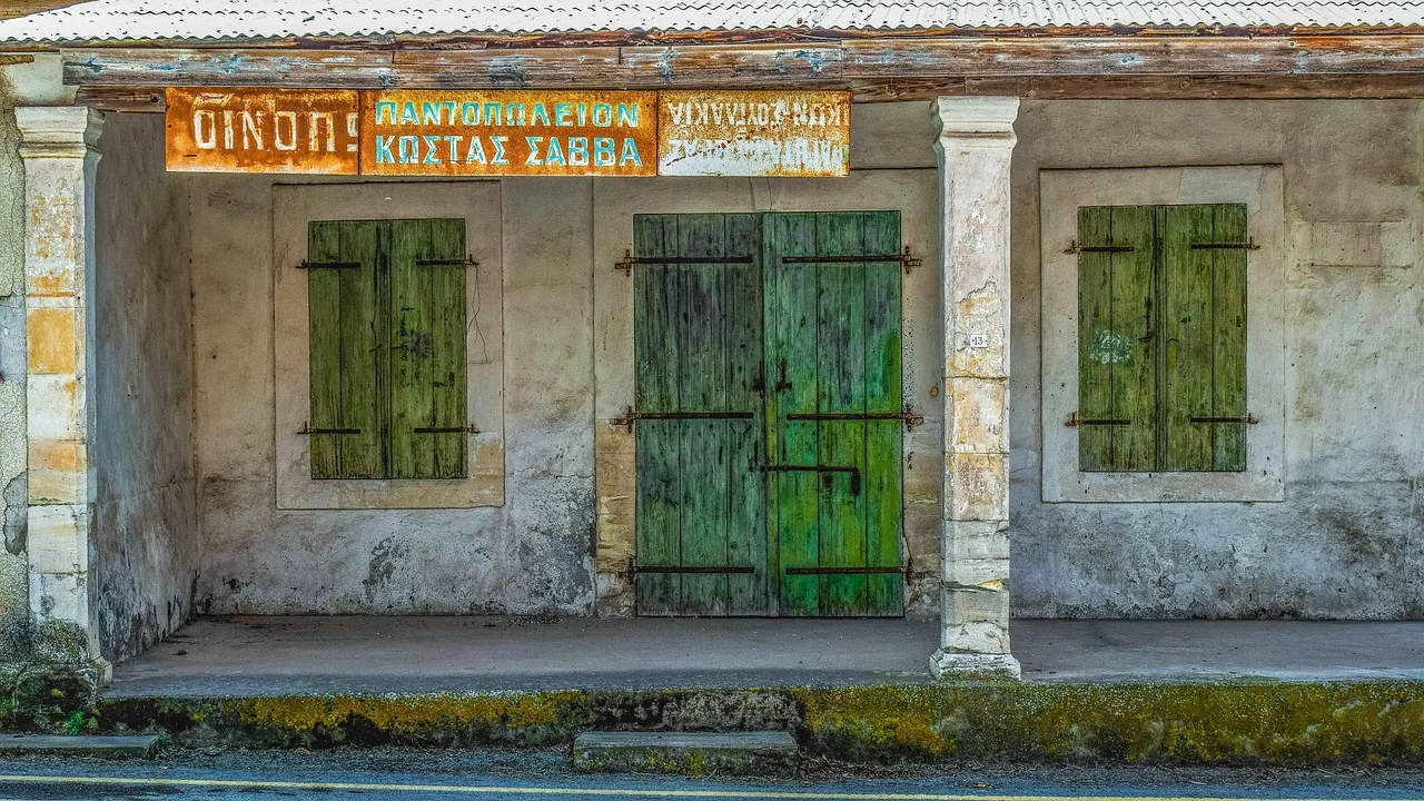 shop, old, abandoned, decay, rusty, sign, architecture, traditional, building, facade, village, troulli, cyprus. Roadside architecture tips for reading what remains