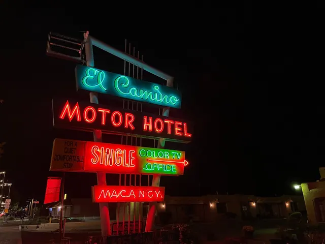 Colorful neon lights illuminate a vintage motel sign at night along the roadside.