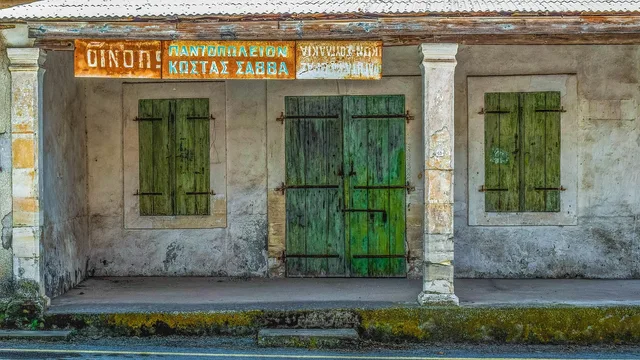shop, old, abandoned, decay, rusty, sign, architecture, traditional, building, facade, village, troulli, cyprus. Roadside architecture tips for reading what remains