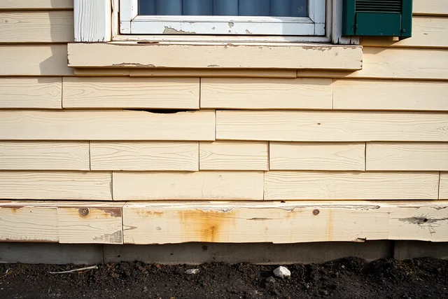 Peeling and blistered paint on a roadside building's exterior wall at ground level. Roadside renovation leaves paint lines and window tops that new visitors miss