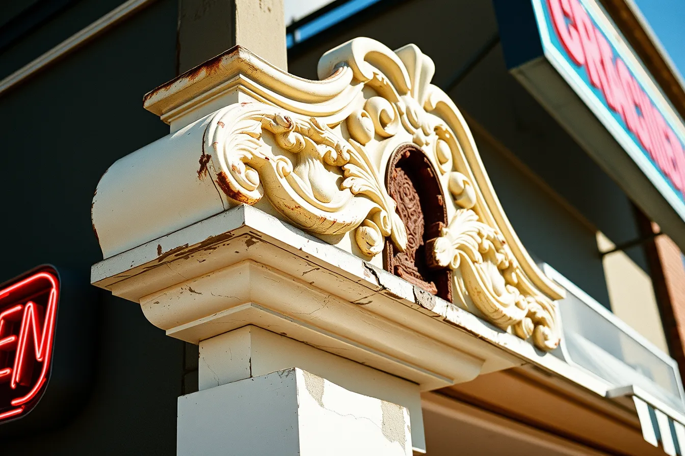 Cast composition ornament panel on a roadside building parapet, partly restored. Judge the best roadside design studios by replication, not photographs