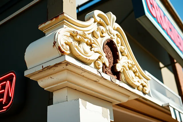 Cast composition ornament panel on a roadside building parapet, partly restored. Judge the best roadside design studios by replication, not photographs