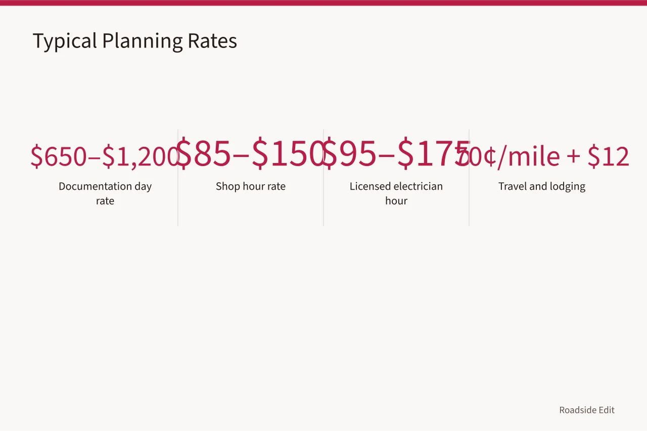 Rate card showing documentation day, shop hour, electrician, and travel costs (Vintage diner interiors provider selection: how to build a 2027 budget)