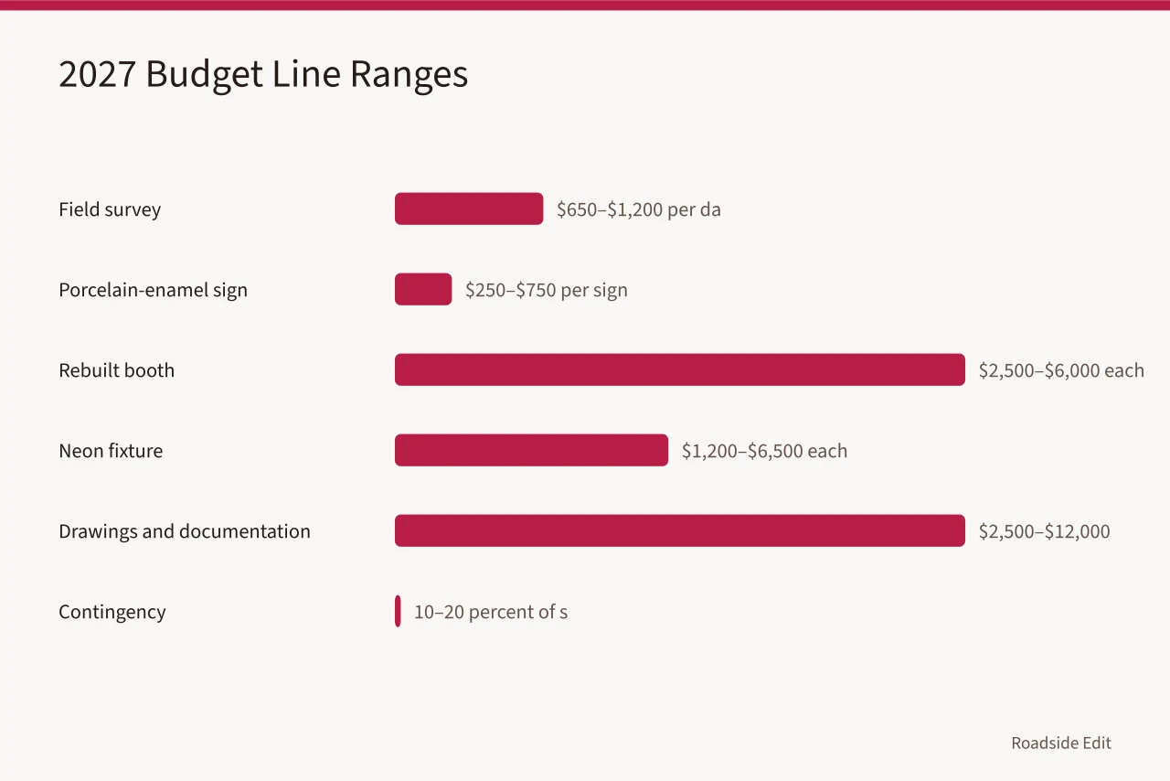 Bar chart of typical 2027 budget ranges for diner interior line items (Vintage diner interiors provider selection: how to build a 2027 budget)