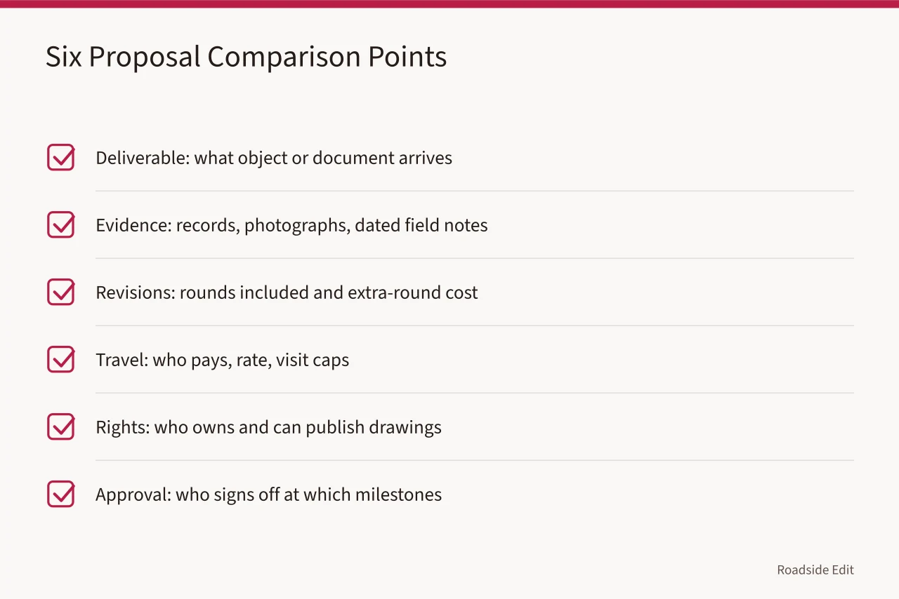 Checklist of six criteria for scoring diner interior proposals (Vintage diner interiors provider selection: how to build a 2027 budget)