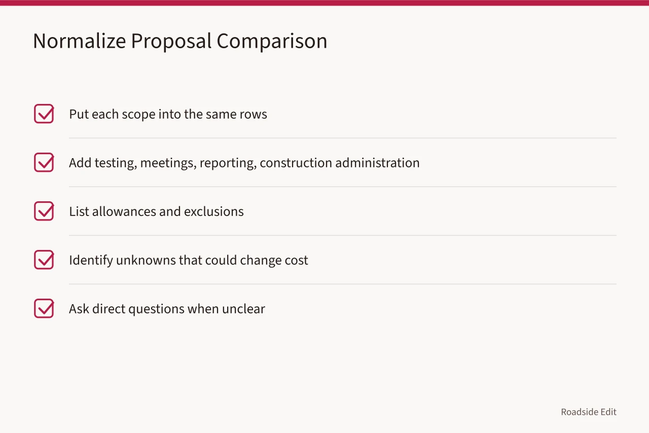 Checklist for normalizing proposals before comparing totals (Gas station preservation provider selection: how to choose help in 2027)