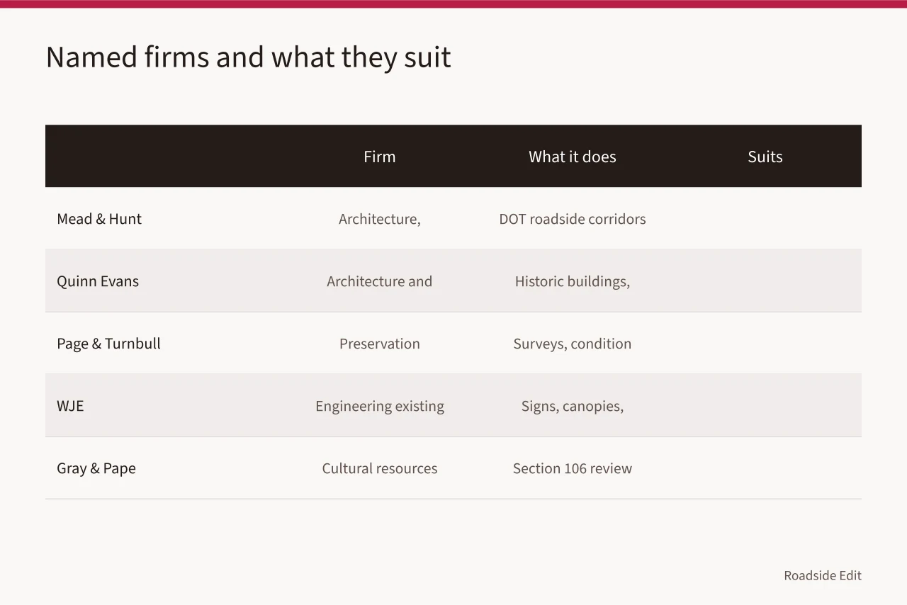 Comparison table of five named firms, their services and the projects they suit (Choosing help for roadside architecture: a 2027 guide to named providers and criteria)