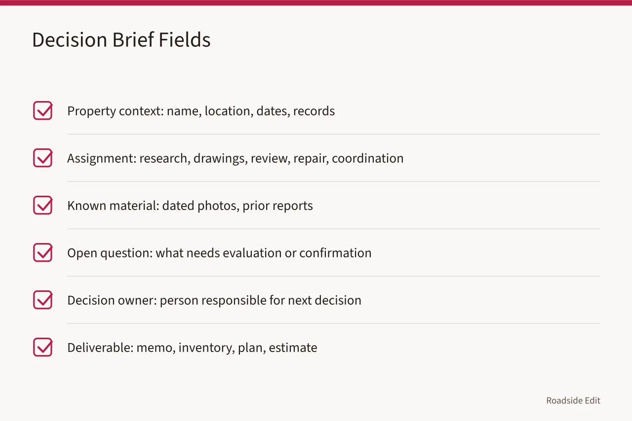 Checklist of six decision brief fields for motel restoration (How to choose a historic motel restoration provider in 2027)