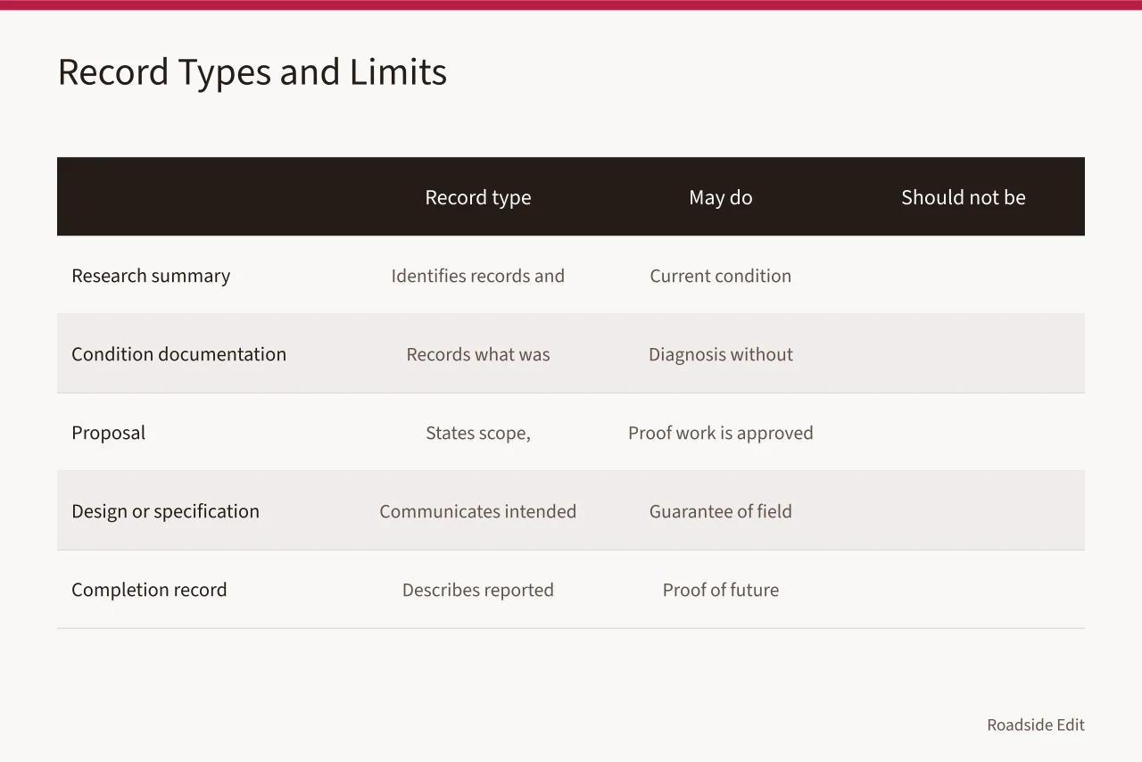 Comparison table of five restoration record types and their limits (How to choose a historic motel restoration provider in 2027)