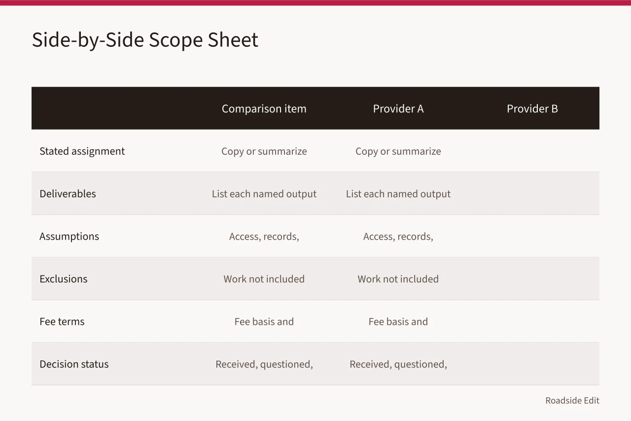 Comparison table of provider scope items side by side (How to choose a historic motel restoration provider in 2027)
