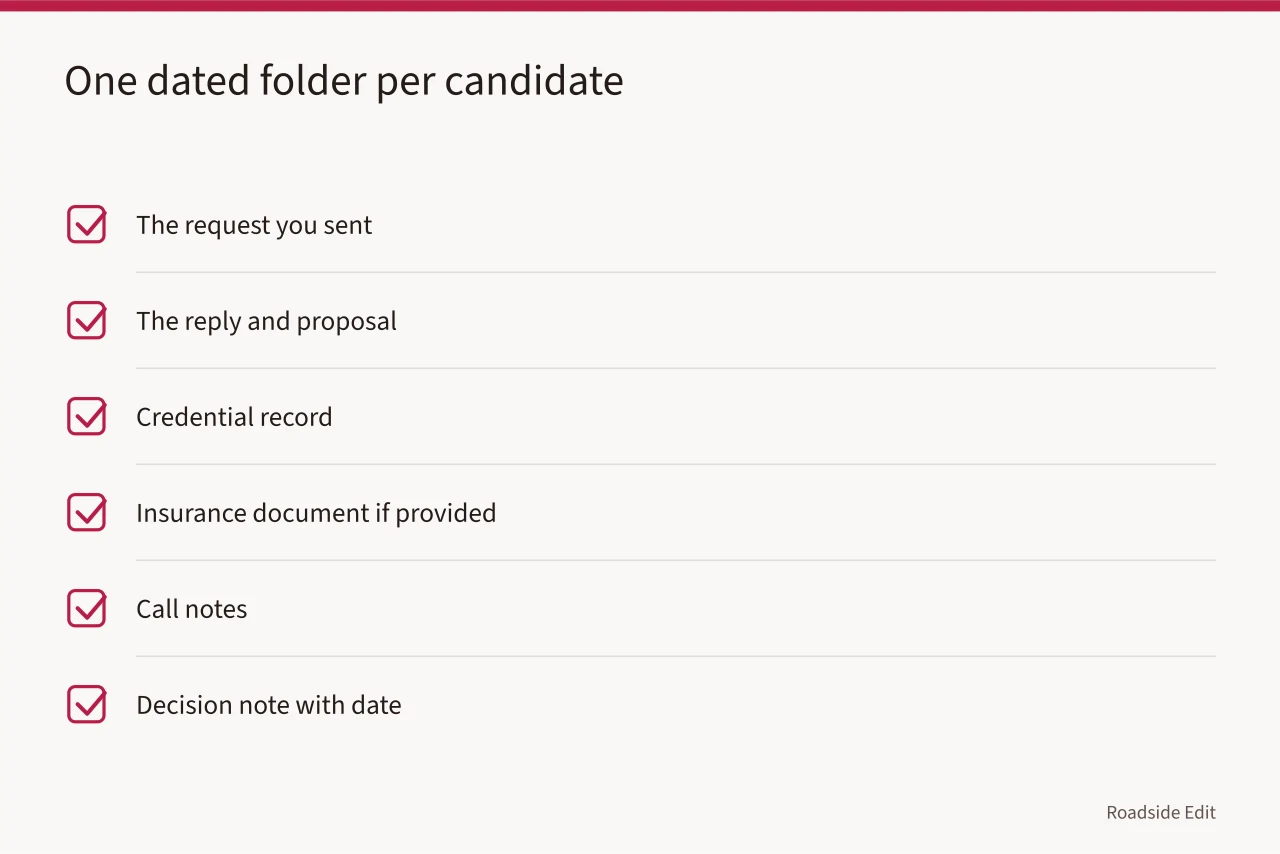 Checklist of documents kept in one dated folder per candidate (Roadside building provider selection: how to compare scope before price in 2027)
