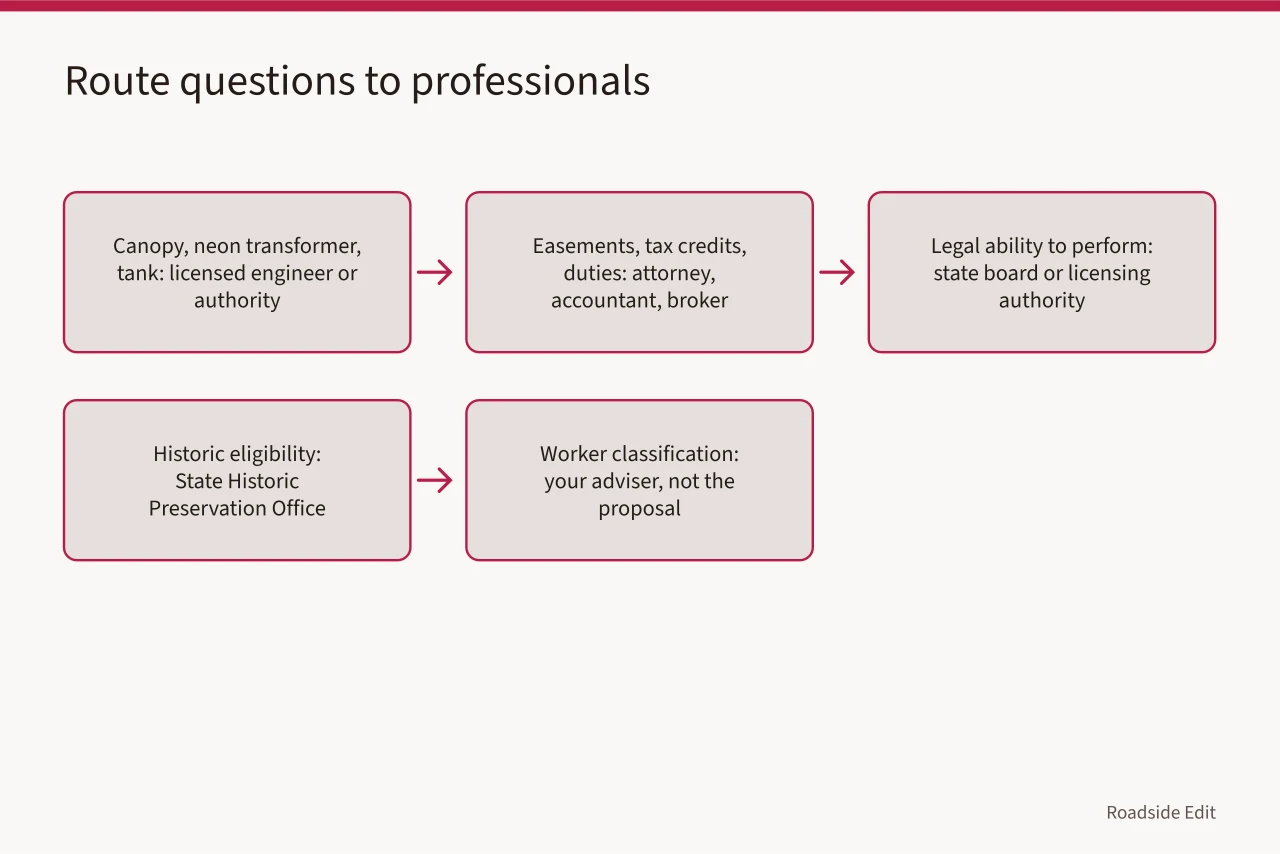 Flow of roadside project questions routed to the right licensed professional (Roadside building provider selection: how to compare scope before price in 2027)