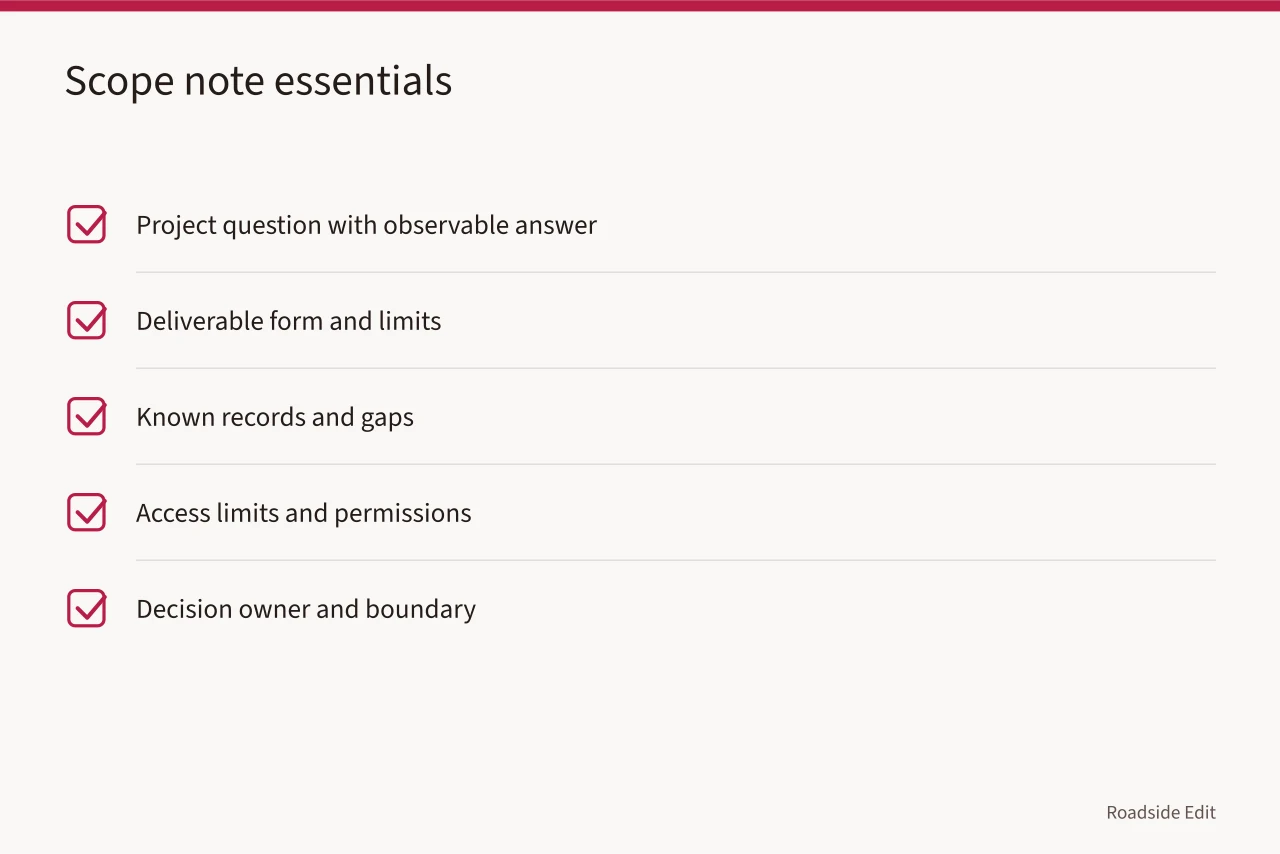 Checklist of six scope-note items for roadside design projects (Roadside design studio selection: how to compare providers before you commit)